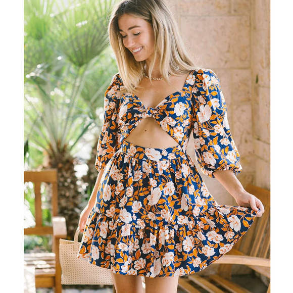Amur Dresses & Skirts - Amur Revolve Medina Floral Cut Out Mini Dress In Blue Orange Size 10 New